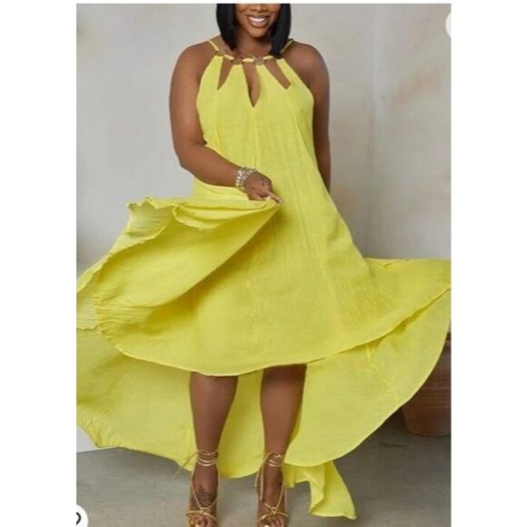 Yellow High-Low Sleeveless Dress With Ring Detail Size1XL - Picture 9 of 10